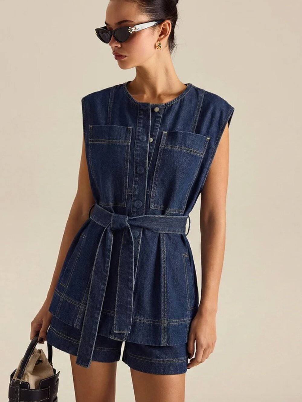 NEW Commense Belted Denim Sleeveless Vest & Shorts SET Size Large